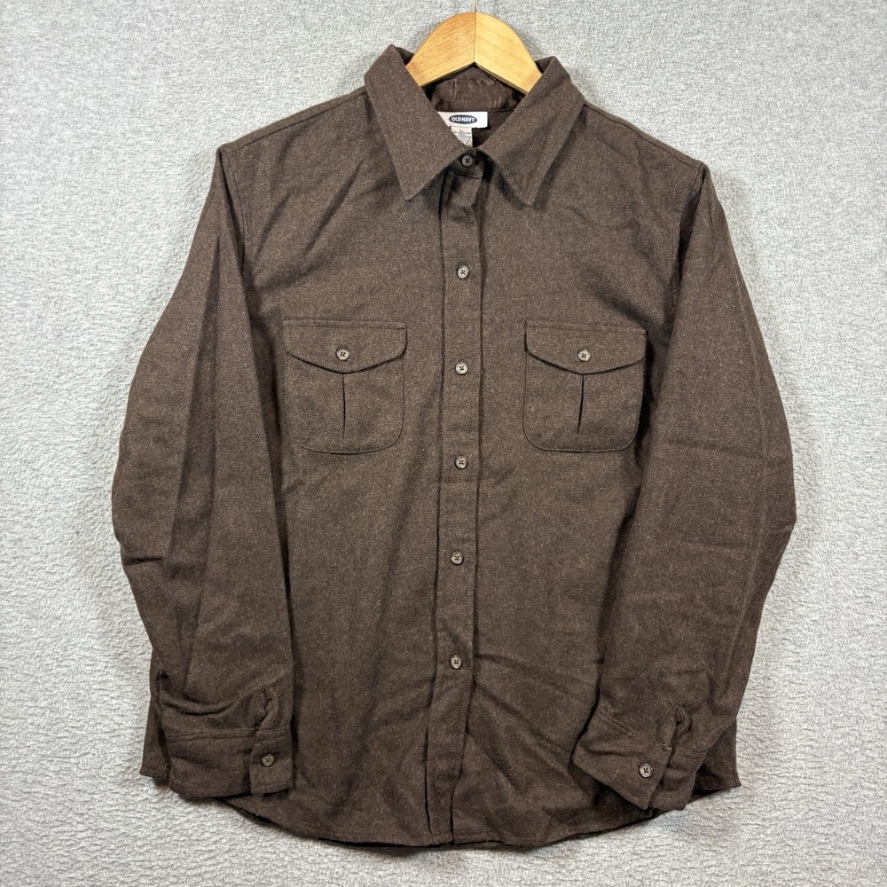 Vtg 90s Old Navy Wool Blend Overshirt Brown Button Down Italian Fabric Preppy L